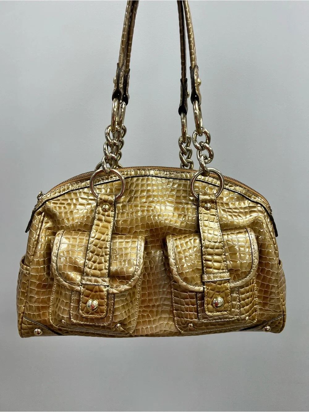 Kathy Van Zeeland Y2K Gold Croc-Embossed Chain Handle Shoulder Bag